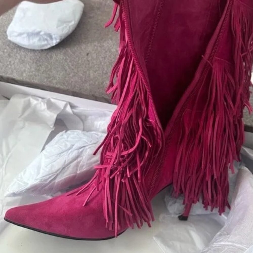 💋OBSESSED!💋 Genuine Leather Wildhorse Fringe Stiletto Boots in Fuchsia - Picture 12 of 13